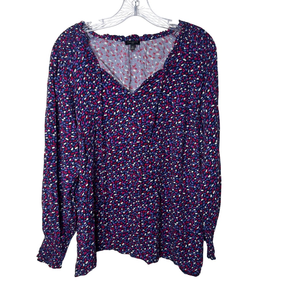 Talbots Plus‎ Womens 2X Blouse Navy Red Purple Abstract Confetti V-Neck Smocked